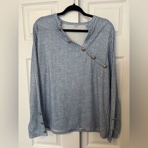 Women’s XL Blue White Striped Asymmetric Button Blouse Gold Nautical Accents